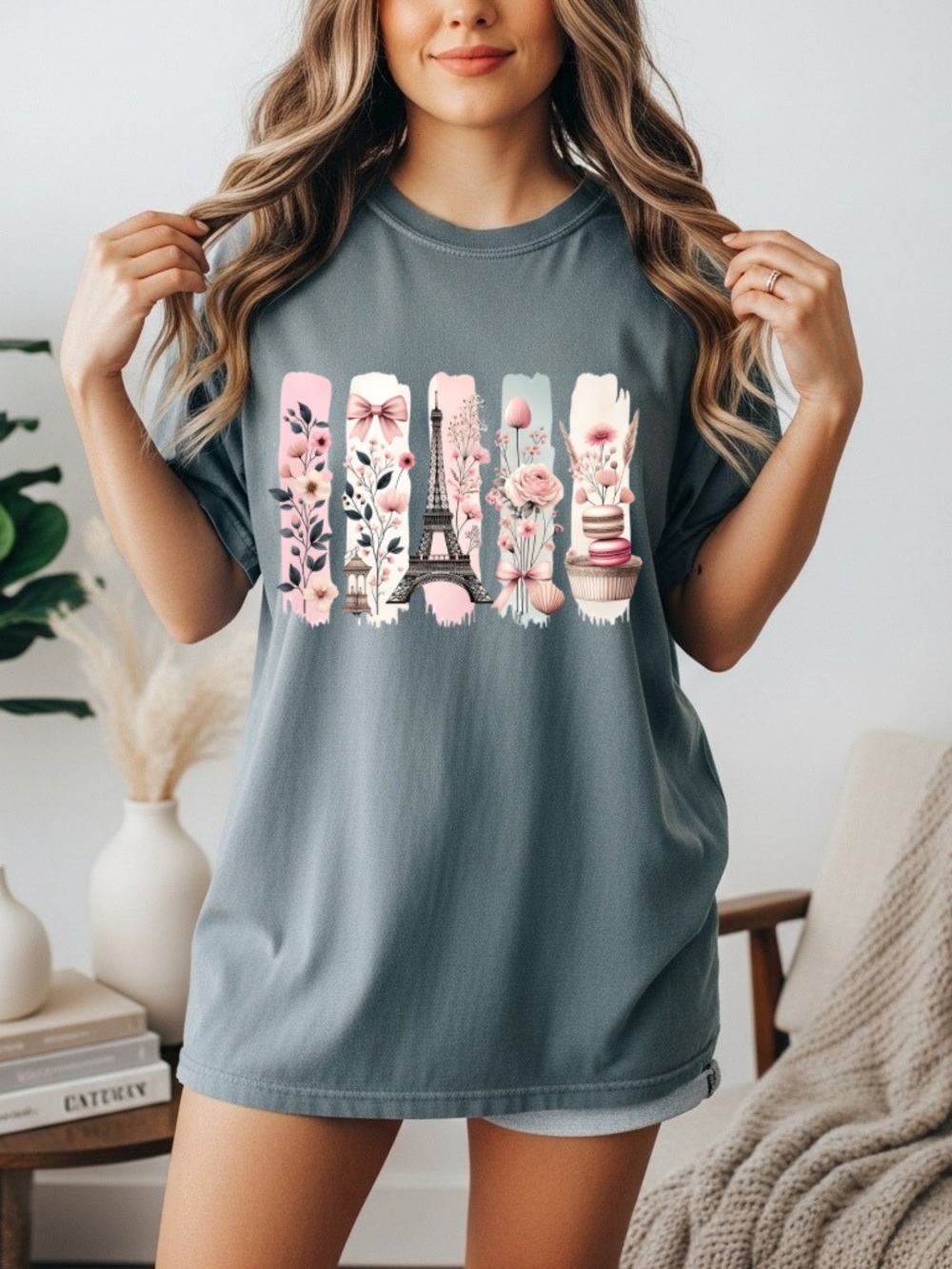 Paris Floral Graphic Tee in Slate Gray and Pink